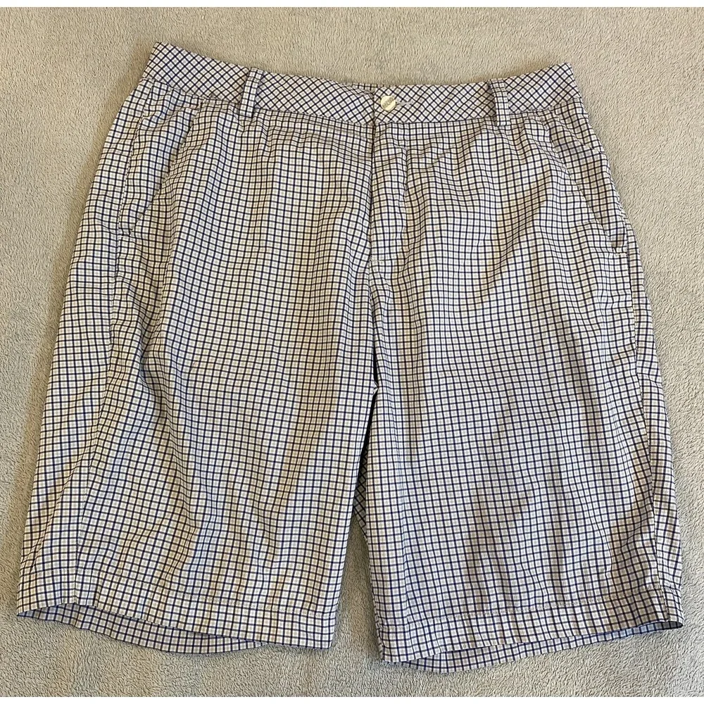 Mens Pima Golf Shorts 34 Plaid‎ Blue Performance Stretch Size Chino Flat Front